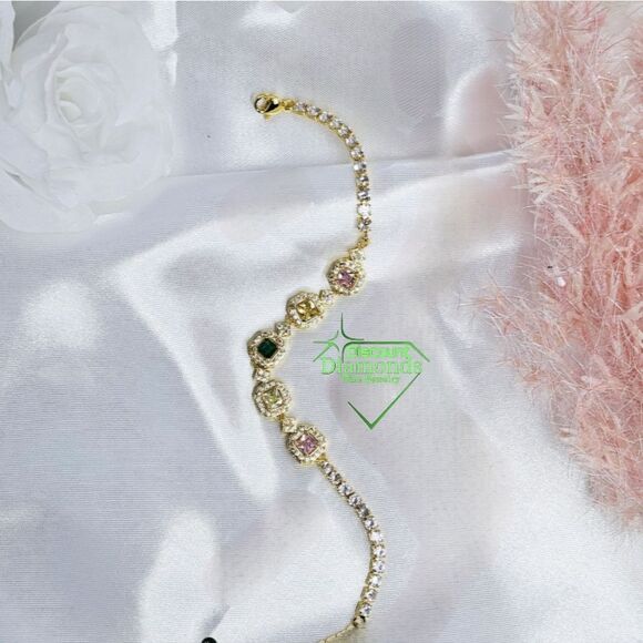 Green, Pink, & White Topaz Tennis Bracelet on Platinum - Stamped PT 950 … - Picture 4 of 8